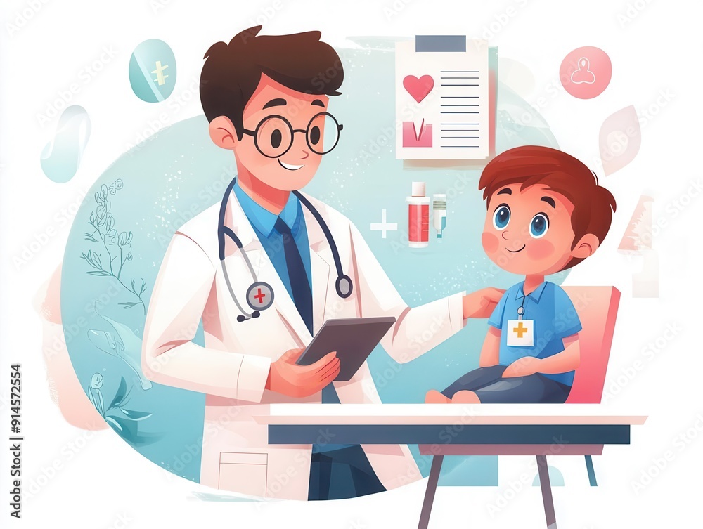 Smiling doctor examining a young boy in a medical office. Smiling doctor examining a young boy in a medical office.