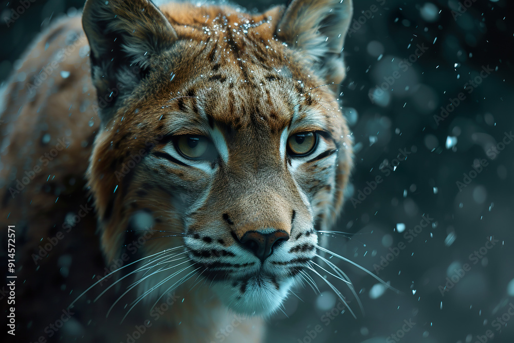 Close-up Portrait of a Lynx in Falling Snow. Close-up Portrait of a Lynx in Falling Snow.