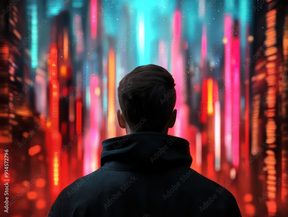 Fototapeta premium Silhouette of a person standing in a futuristic neon-lit cityscape, creating a cyberpunk atmosphere