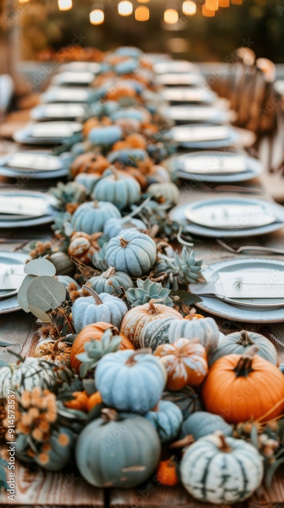 A table with a blue tablecloth and a pumpkin centerpiece A table with a blue tablecloth and a pumpkin centerpiece
