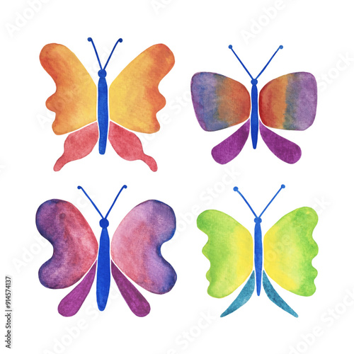 Set of various colorful butterflies. Hand drawn watercolor vector illustration