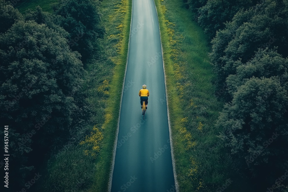 Fototapeta premium Aerial view of a cyclist in a yellow jacket riding on a scenic road 