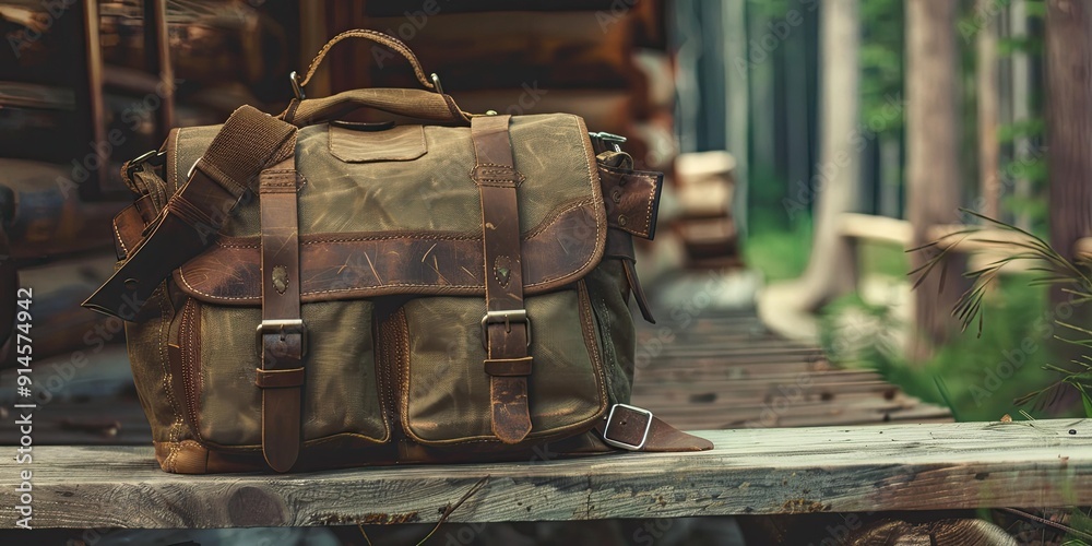 Leather satchel bag on wooden bench outdoors. Leather satchel bag on wooden bench outdoors.