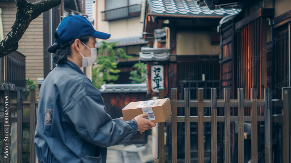 古い住宅街に配達する日本の配達員 古い住宅街に配達する日本の配達員
