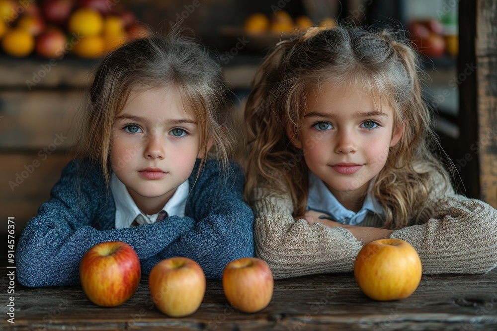 Fototapeta premium Two schoolgirls pose with apples.