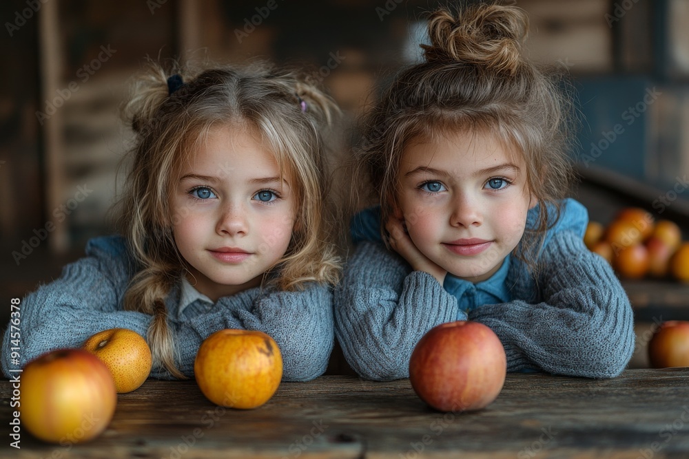 Fototapeta premium Two schoolgirls pose with apples.