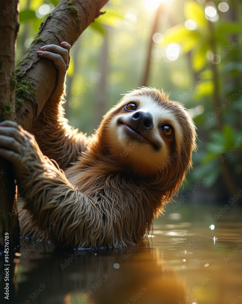 Fototapeta premium A smiling sloth hangs from a tree branch in a sunlit jungle, partially submerged in water, creating a serene and joyful ambiance.