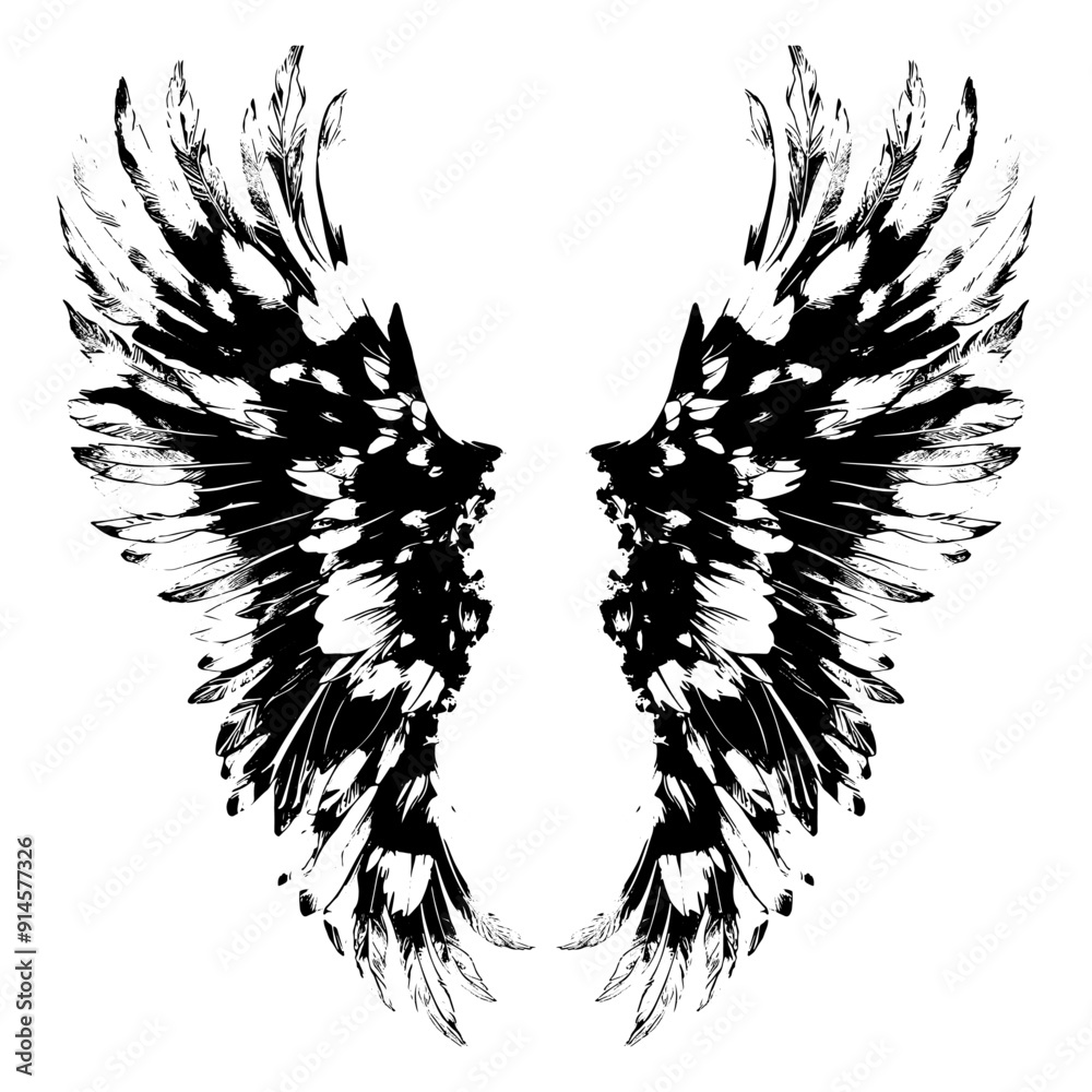 Obraz premium Angel Wings and Bird Feather Vector Illustrations, Black & White Angel Wings Vector, Hand-Drawn Black & White Tattoo Illustrations, Vintage Style