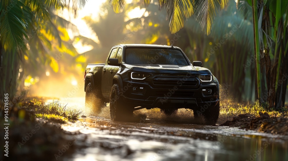 Obraz premium The black pickup truck drives along the road past the palm trees.