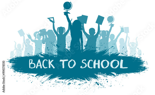 Back to school. Happy crowd of school children with school supplies. Silhouette. Vector illustration