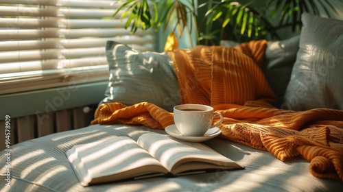 A Cup of Coffee and a Book on a Couch