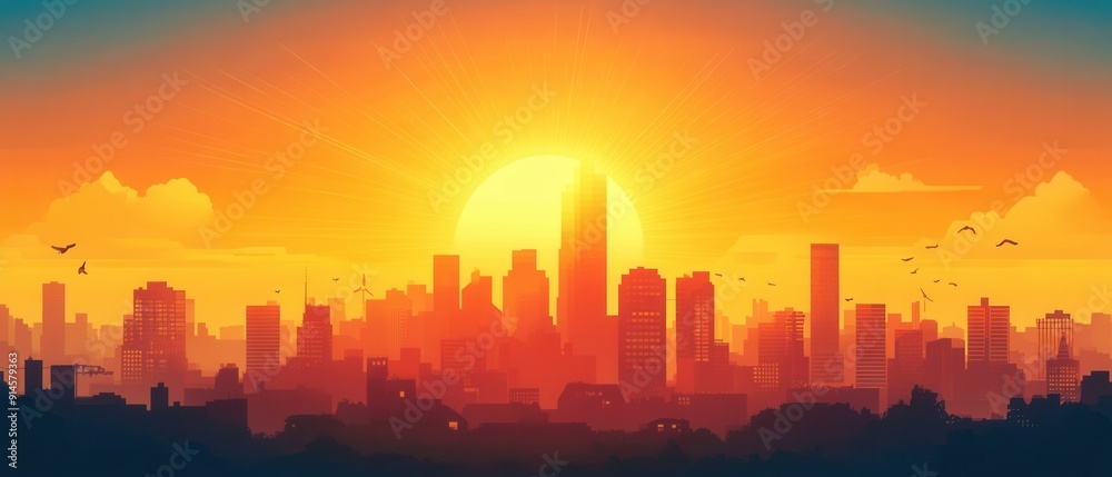Bright sun rays over a bustling city skyline captured in a sleek flat design Bright sun rays over a bustling city skyline captured in a sleek flat design