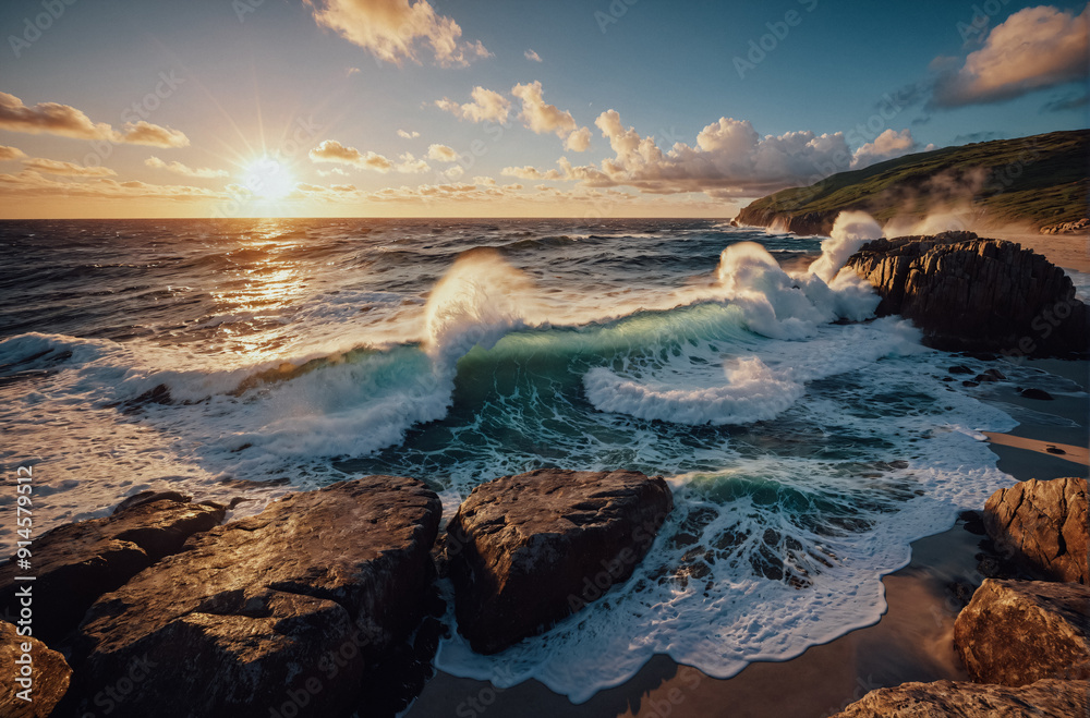 Obraz premium Dramatic seascape: ocean shore waves crashing on rocks with spray in the rays of the setting sun.