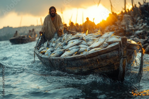 Peter's boat overflowing with fish, Bible story.	 photo