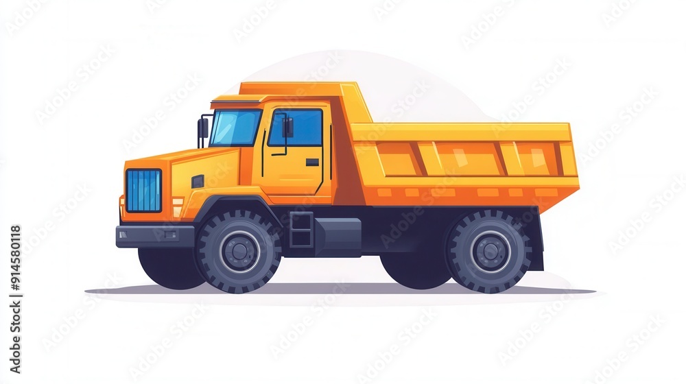 Flat design dump truck with vivid primary colors and clear outlines set against a light backdrop Flat design dump truck with vivid primary colors and clear outlines set against a light backdrop