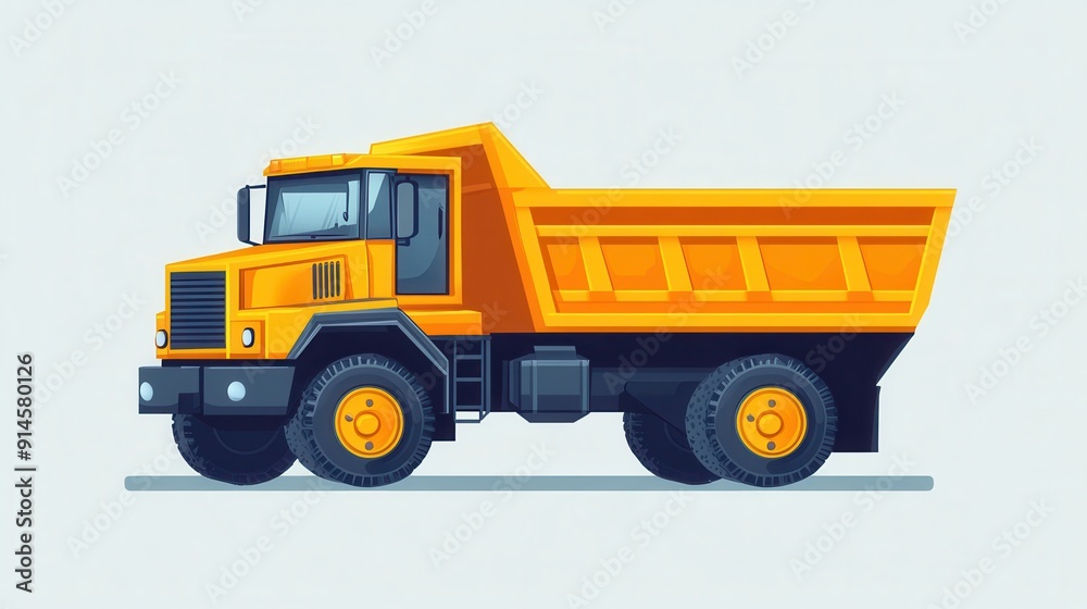 Flat design dump truck with vivid primary colors and clear outlines set against a light backdrop Flat design dump truck with vivid primary colors and clear outlines set against a light backdrop
