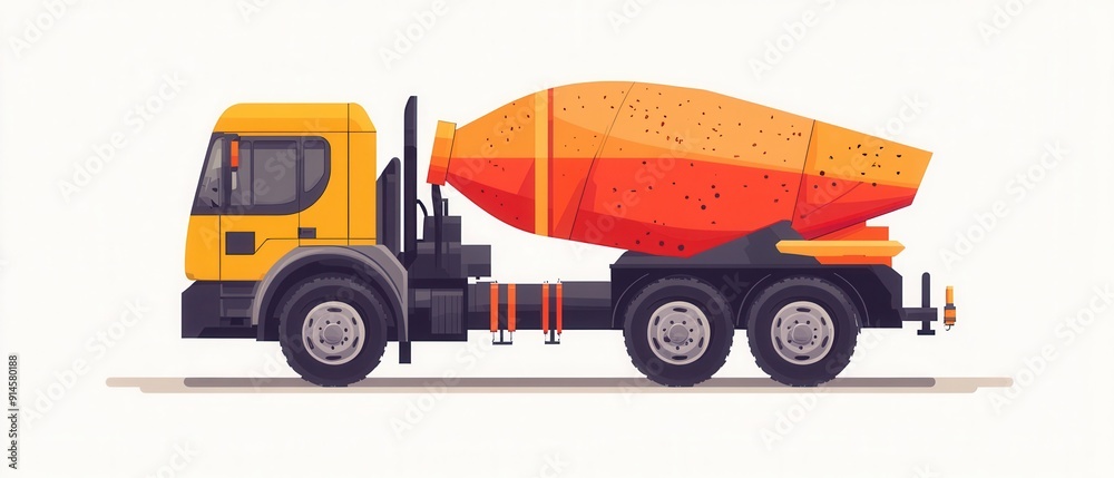 Naklejka premium Illustrative flat design concrete mixer truck with bright colors and a playful style on a plain background