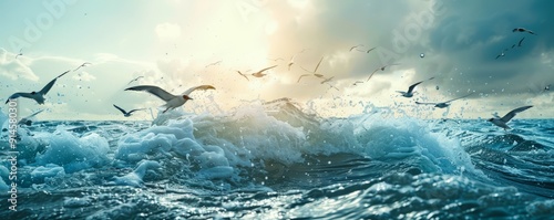 Seabirds diving into the ocean to catch fish, 4K hyperrealistic photo