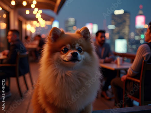 A pomeranian dog stands watchfully before a crowd of people, set against the backdrop of a serene night sky photo