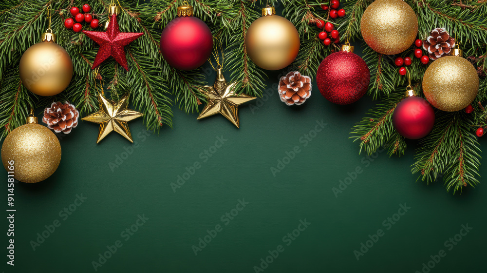 Christmas Garland with Red and Gold Ornaments on Green Background.