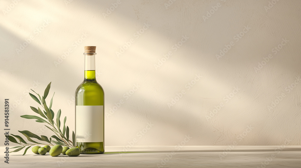 Olive oil bottle with fresh olives and branches, creating a play of shadows on a rustic background, emphasizing the product's natural and wholesome qualities. Photo Olive oil bottle with fresh olives and branches, creating a play of shadows on a rustic background, emphasizing the product's natural and wholesome qualities. Photo