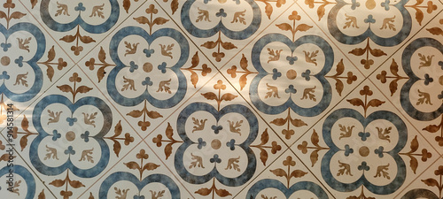 decorative blue and yellow Portuguese flooring, illuminated by the sun