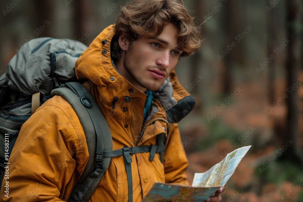 Obraz premium A Young Adventurer Embarks on an Exciting Journey through a Lush Forest, Holding a Map