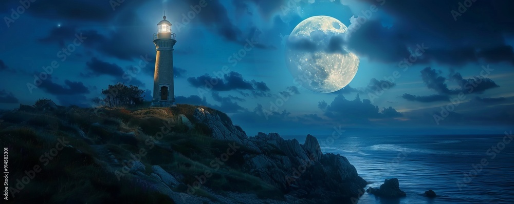 Majestic lighthouse illuminated by a full moon, 4K hyperrealistic photo Majestic lighthouse illuminated by a full moon, 4K hyperrealistic photo