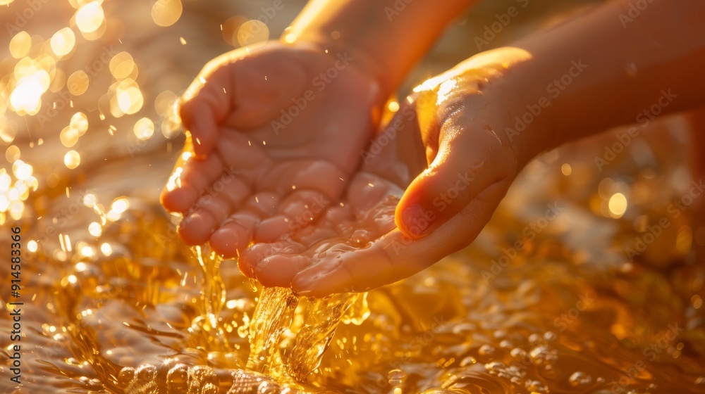 Fototapeta premium A touching close-up of children's hands gently holding sparkling water in the golden sunlight. Perfect for themes of purity, nature, and childhood memories.