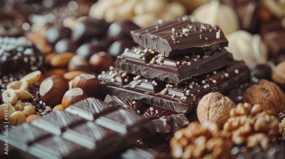 A close-up of dark chocolate squares stacked on top of assorted nuts. A close-up of dark chocolate squares stacked on top of assorted nuts.