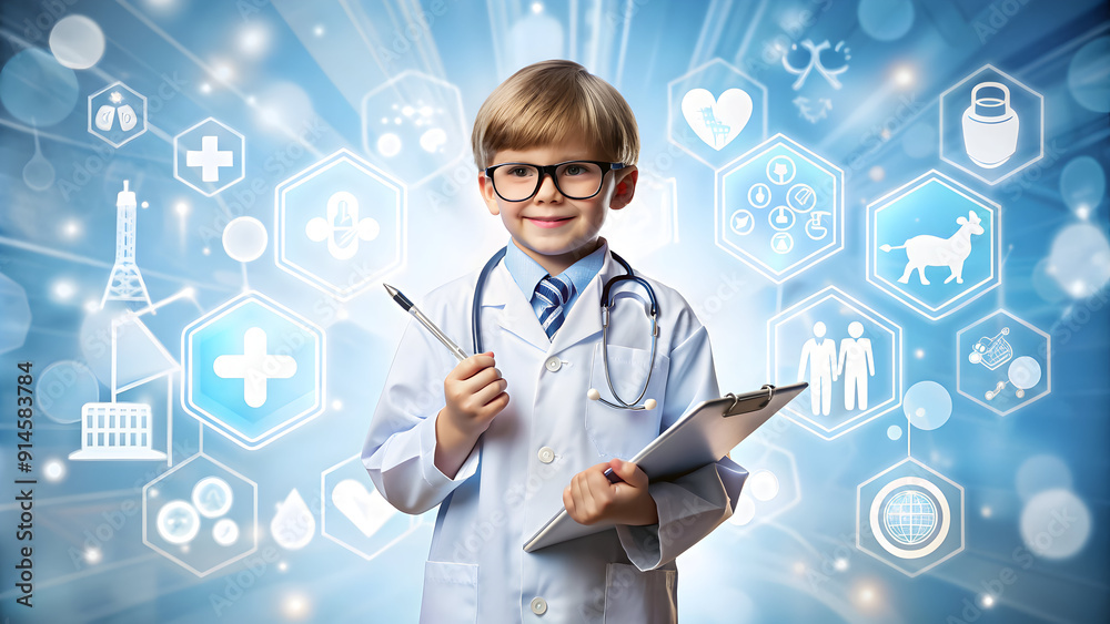 Child in medical uniform, engaging with advanced healthcare technology and data.