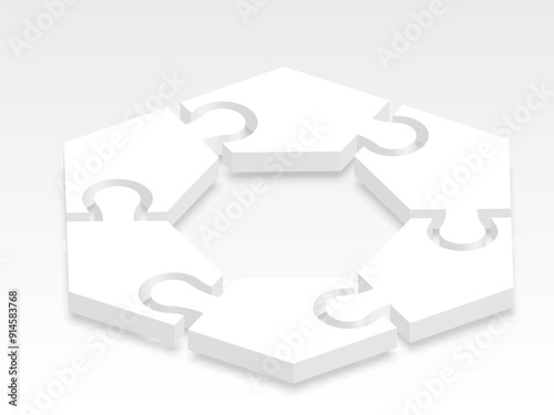 3d icon puzzle in white with shadow. Puzzle hexagon of six pieces with shadow  on white background your web site design, app, UI. Monochrome. EPS10.