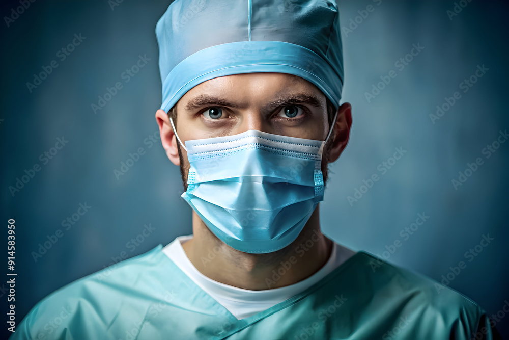 Close-up of a surgeon in blue scrubs and surgical mask with intense focus in his eyes. Close-up of a surgeon in blue scrubs and surgical mask with intense focus in his eyes.
