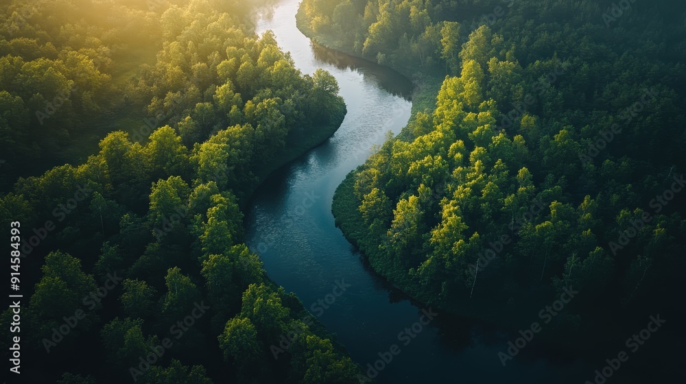 Aerial Shot of a Winding River Cutting Through a Dense Forest at Sunrise with Soft Golden Light Aerial Shot of a Winding River Cutting Through a Dense Forest at Sunrise with Soft Golden Light