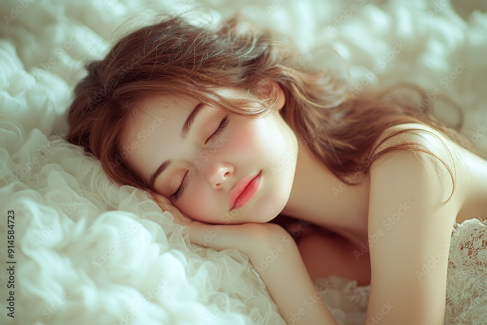 A Beautiful Woman Sleeping on a Cloud Above a Tranquil Landscape at Sunset. A Beautiful Woman Sleeping on a Cloud Above a Tranquil Landscape at Sunset.