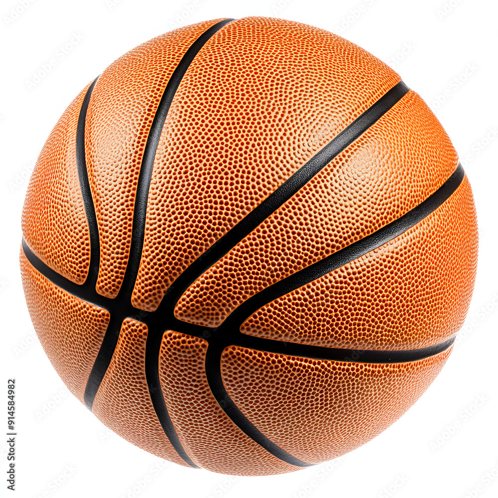 Fototapeta premium Detailed image of a basketball showing its textured surface and prominent black lines on a white background.