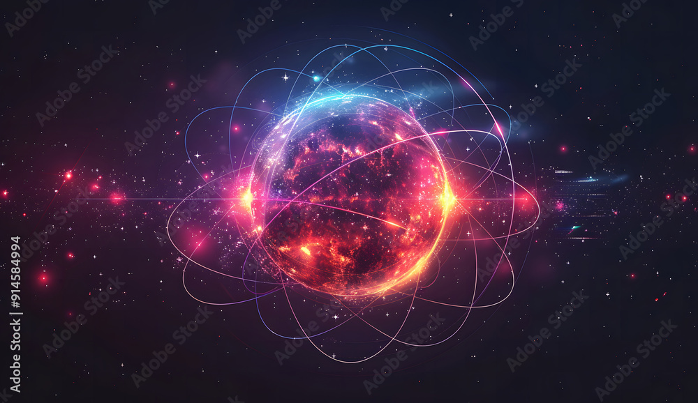 Obraz premium Futuristic digital illustration of a glowing planet with intricate data points, lines, and abstract elements orbiting around it. The scene is set against a dark cosmic background with vibrant colors,