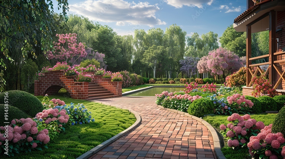 Fototapeta premium Beautiful Yard Design for a Private House. Created with Generative AI