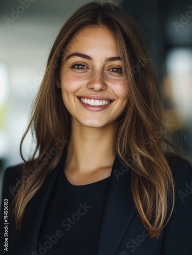 A woman with long brown hair smiling directly at the camera