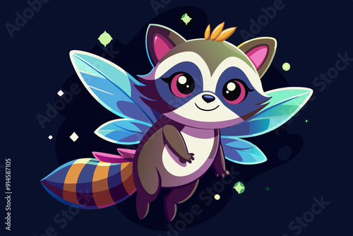 A full image of a cute raccoon with fairy wings, floating in the air, vibrant colors, anime style vector, black background vector art illustration