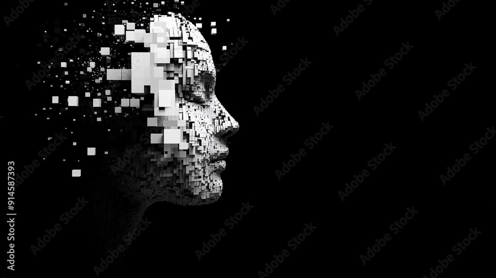 Obraz premium Pixelated Mind: AI Face in Black Void