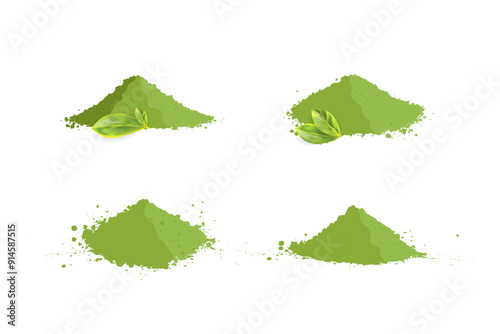 Matcha tea powder pile isolated, dry green tea japanese beverage, herbal asian drink on white background set, vector illustration