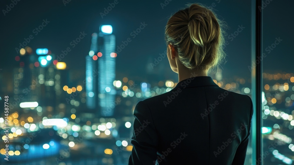 Fototapeta premium A woman standing by an open window, gazing out at the city skyline at night