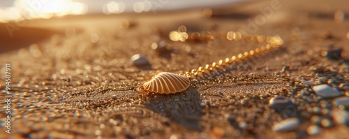 Delicate gold anklet with a charm shaped like a seashell, 4K hyperrealistic photo
