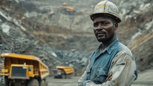 Dedicated Miner Overlooking Active Quarry Operations at Dusk in a Remote Location