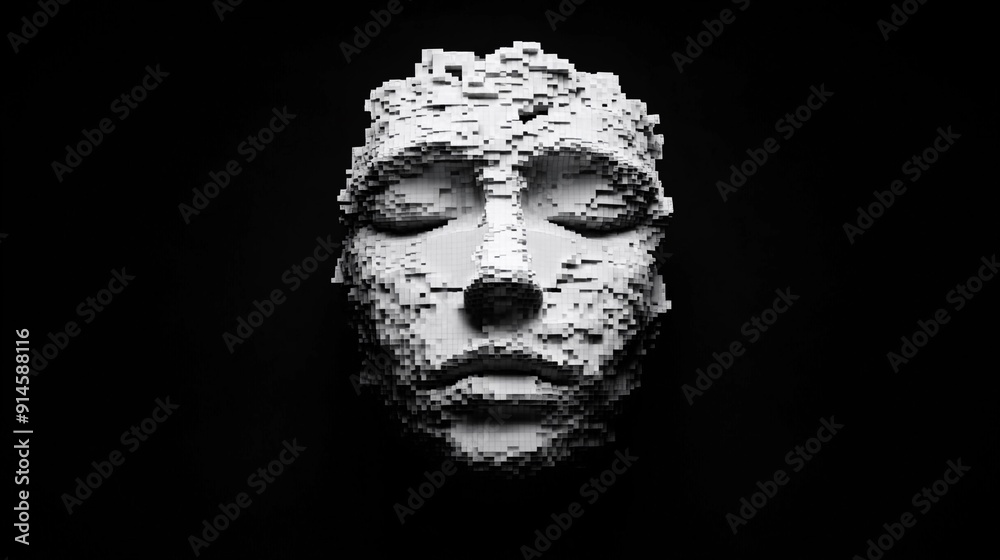 Fototapeta Pixelated Mind: AI Face in Black Void