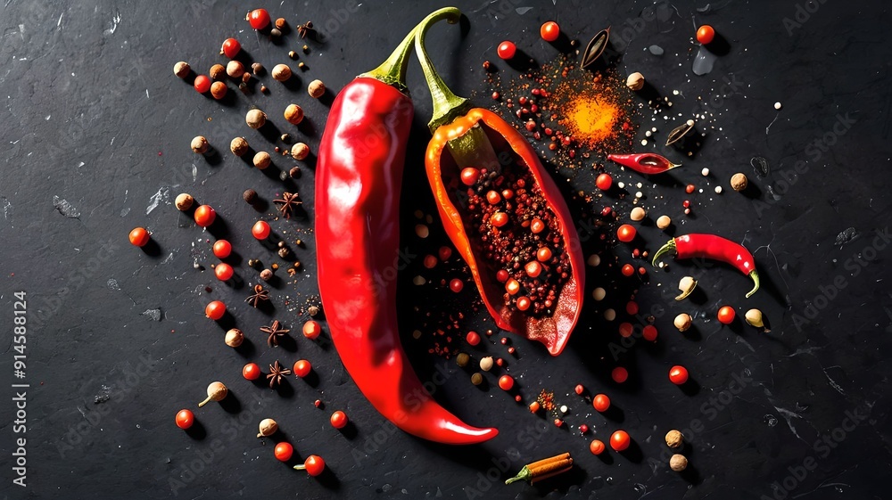 A bright red chili pepper glows against a dark surface, surrounded by scattered spices and peppers, creating a vibrant and dynamic culinary scene. A bright red chili pepper glows against a dark surface, surrounded by scattered spices and peppers, creating a vibrant and dynamic culinary scene.