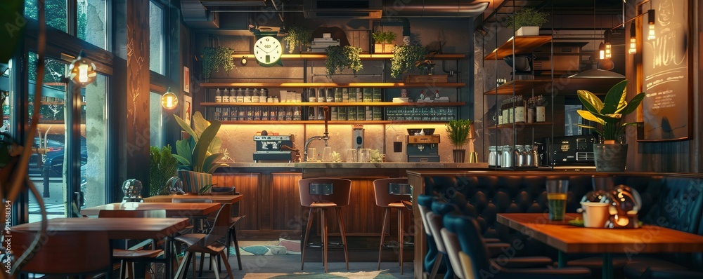 Cozy cafe with warm lighting, 4K hyperrealistic photo Cozy cafe with warm lighting, 4K hyperrealistic photo