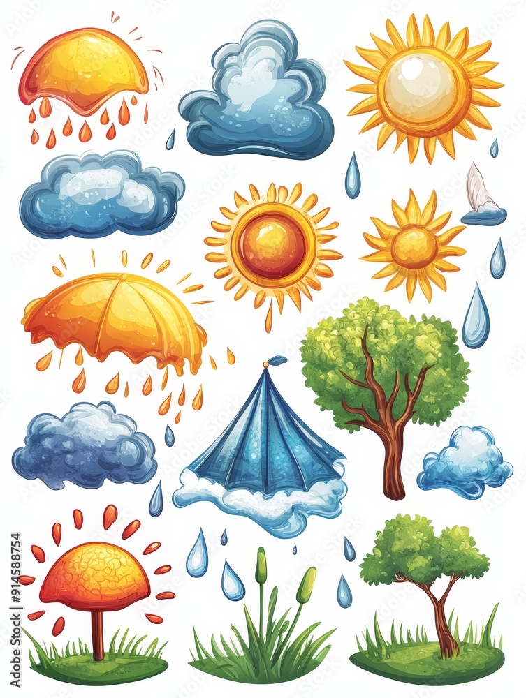 Fototapeta premium Weather Icons Collection: Sun, Rain, Clouds & Trees