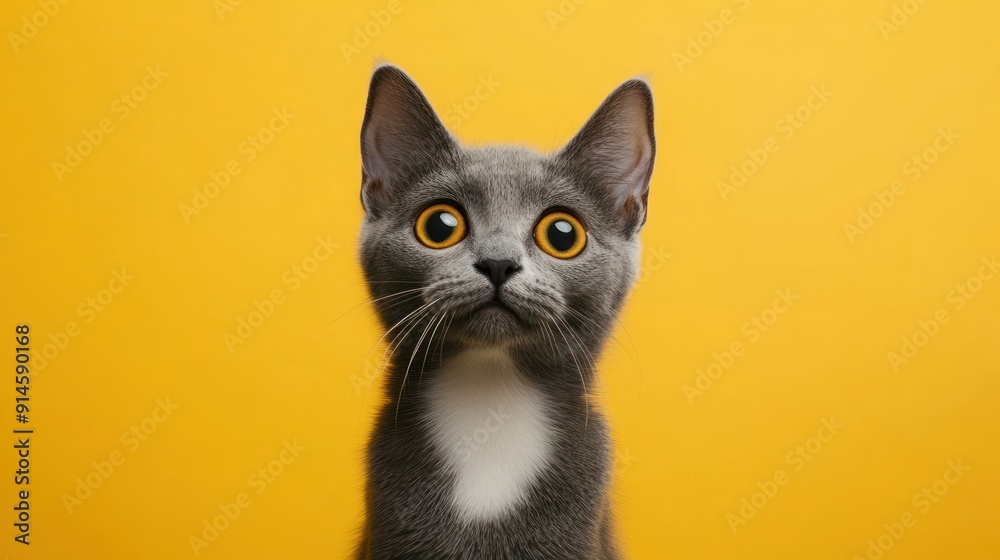 cute gray cat face on bright yellow background. Cheerful pet promotion atmosphere cute gray cat face on bright yellow background. Cheerful pet promotion atmosphere